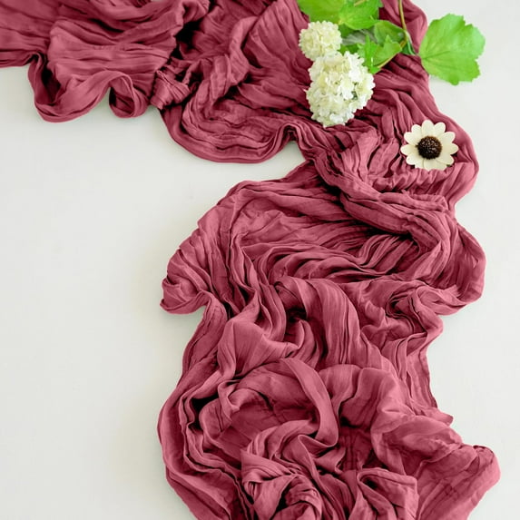Crinkle Chiffon Table Runner 90x400cm, Sheer Wedding/Birthday Party Decor, Dusty Blue & Pink Dining Accent, Red