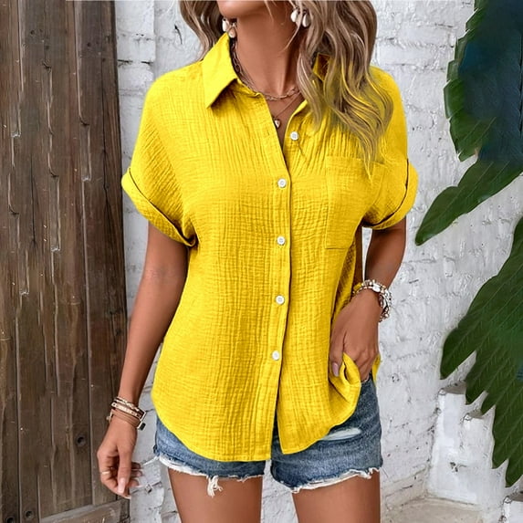 Crinkle Crepe Shirt Women Button Down Cotton Short Sleeve Blouses Collared Gauze Tops Yellow M