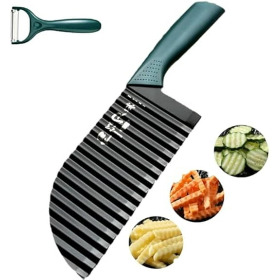 Crinkle Cut Knife, Stainless Steel Wave Fries Cutter Slicer with Non-Slip Rubber Handle, Crinkle Cutter for Veggies, French Fry, Potato, Cucumber, Carrot and Fruit(Green,1PC)