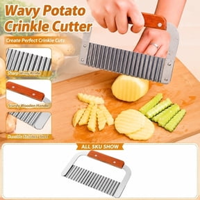 Crinkle Cutter Stainless Steel Waffle Fry Cutter for Potatoes French Fry Cutter Slicer Veggie Cutter 7X5 Inch Wood Handle Kitchen Tool for Home Meal Prep
