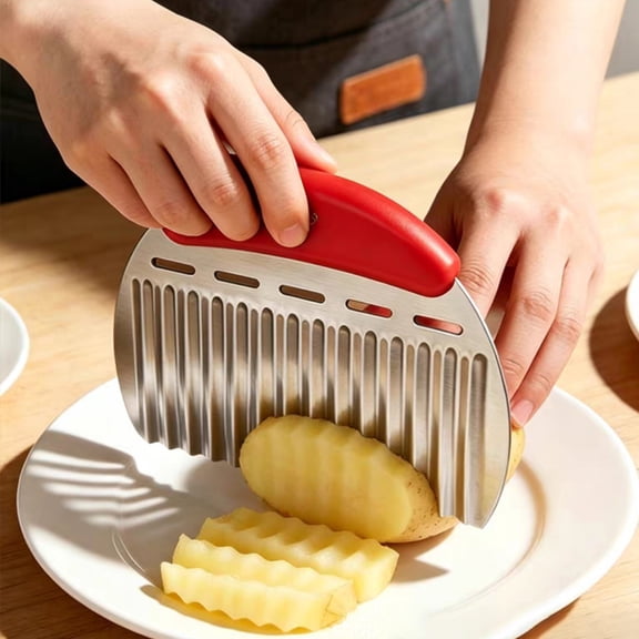 Crinkle Cutter for Veggies, Stainless Steel Wavy Knife for Potato and Carrot, Manual French Fry Slicer with Ergonomic Handle, Multi-functional Ripple Cutting Tool for Kitchen