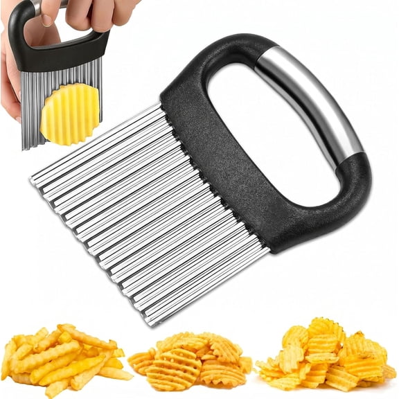 Crinkle Cutter for Veggies, Stainless Steel French Fry Cutter for Potatoes Cucumbers Carrots, Wavy Chopper Waffle Fry Cutter, Black