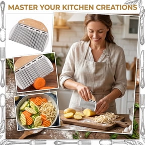 Crinkle Fry Cutter, Stainless Steel Potato Slicer for French Fries, Wooden Handle Vegetable Cutter for Home Kitchen Prep, Chopping Potatoes and Veggies for Homemade Crinkle Cut