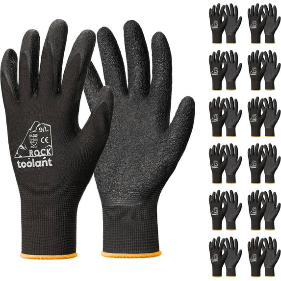 Crinkle Latex Work Gloves Bulk, Rubber Coated Safety Work Gloves for Men and Women, 12 Pairs for Construction, Gardening, Warehouse (Black, Large)
