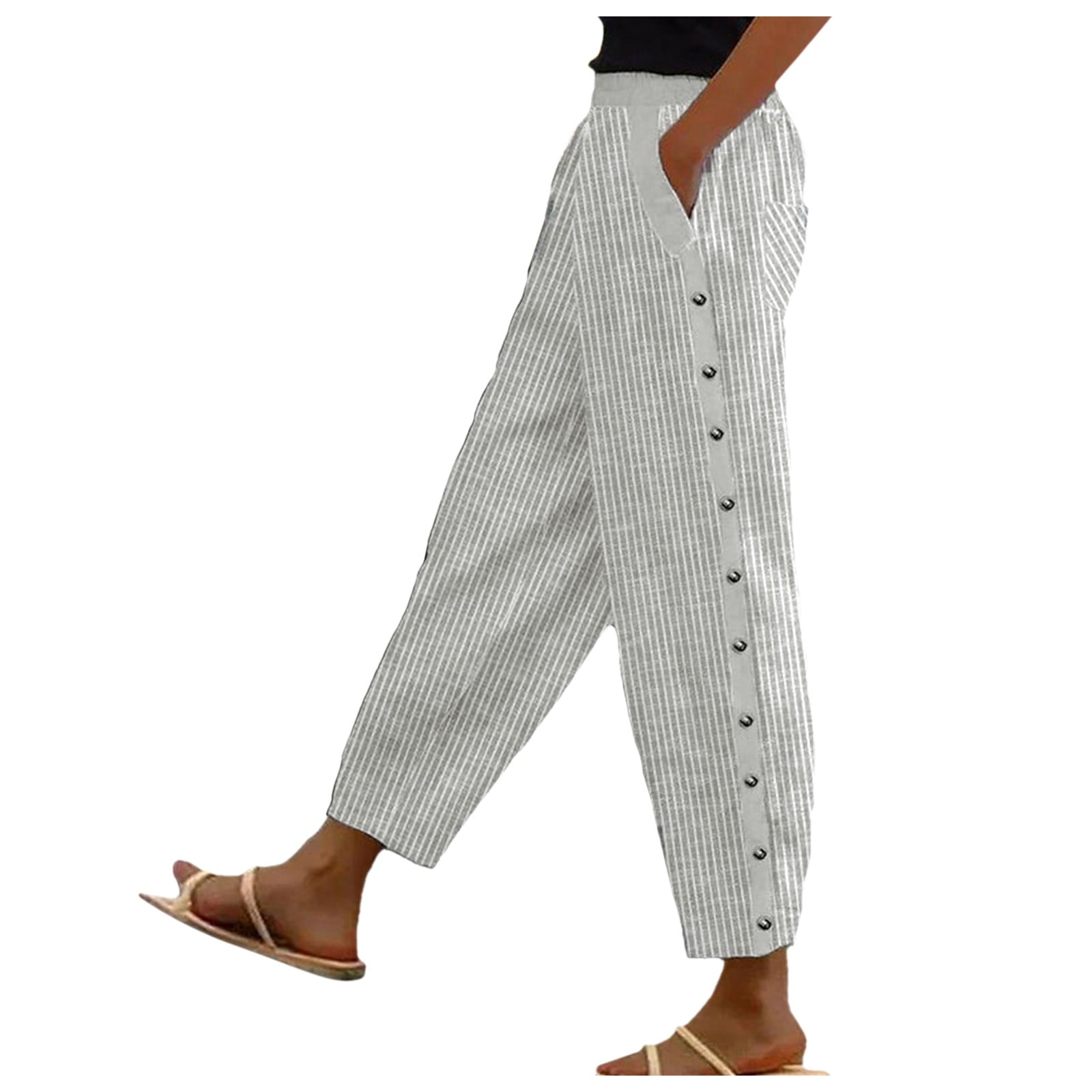 Crinkle Pants Women Casual Stripe Print Harem Pant Waist Button Pants ...