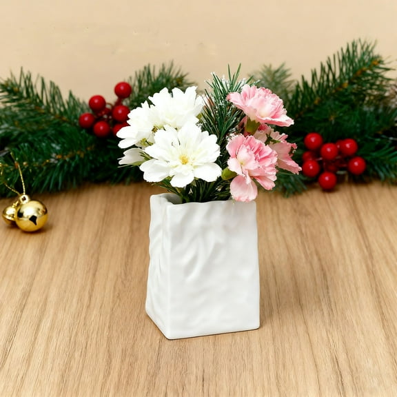 Crinkle Paper Bag Ceramic Vase - Square Wide Mouth Pleated Planter, Unique White Matte Vase, Great for Flower Arrangement Table Centerpiece Home Office Bookshelf Decor