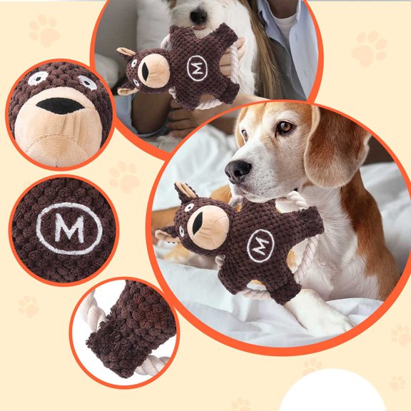 Crinkle Plush Dog Toy with Cotton Rope Ring, 8.6 in, Brown, 1 Pack