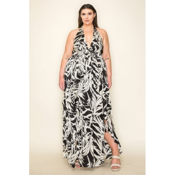Crinkle Satin Printed Halter Ruffled Detail Smocked Waist Slit Frt Maxi Dress