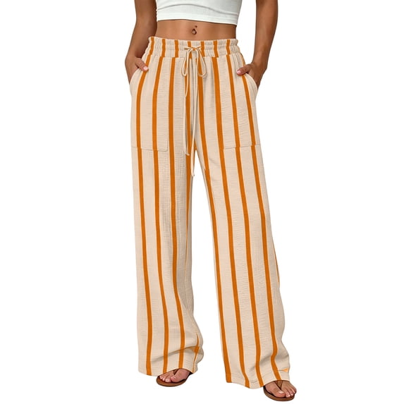 Crinkle Textured Womens Striped Wide Leg Pants Drawstring High Waist Loose Flowy Trousers with Pockets Daily Beach Loungewear Pants Beige