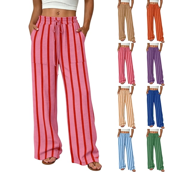 Crinkle Textured Womens Striped Wide Leg Pants Drawstring High Waist Loose Flowy Trousers with Pockets Daily Beach Loungewear Pants Hot Pink