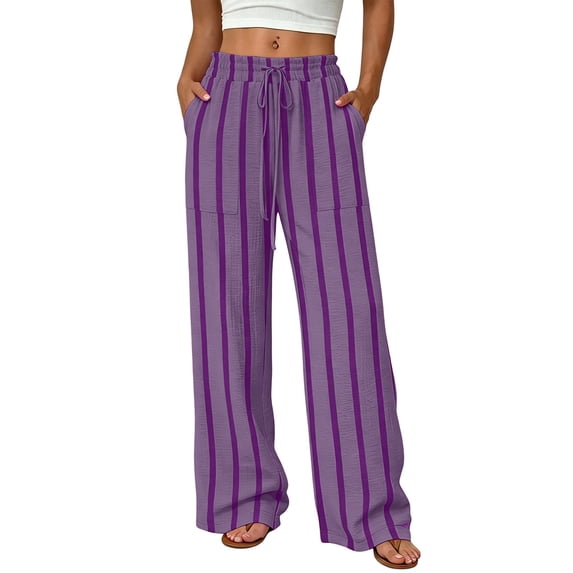 Crinkle Textured Womens Striped Wide Leg Pants Drawstring High Waist Loose Flowy Trousers with Pockets Daily Beach Loungewear Pants Purple