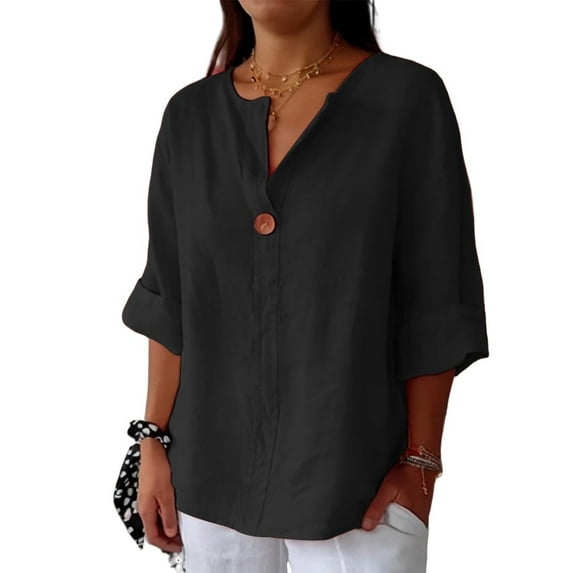 Crinkled Linen V-Neck Shirt for Summer Beach, Cotton Short Sleeve Shirts Women 100 Percent Tops Spring Cotton Boho Dress Dresses 2025 Womens Casual Black Outfits Vacation Black Xl