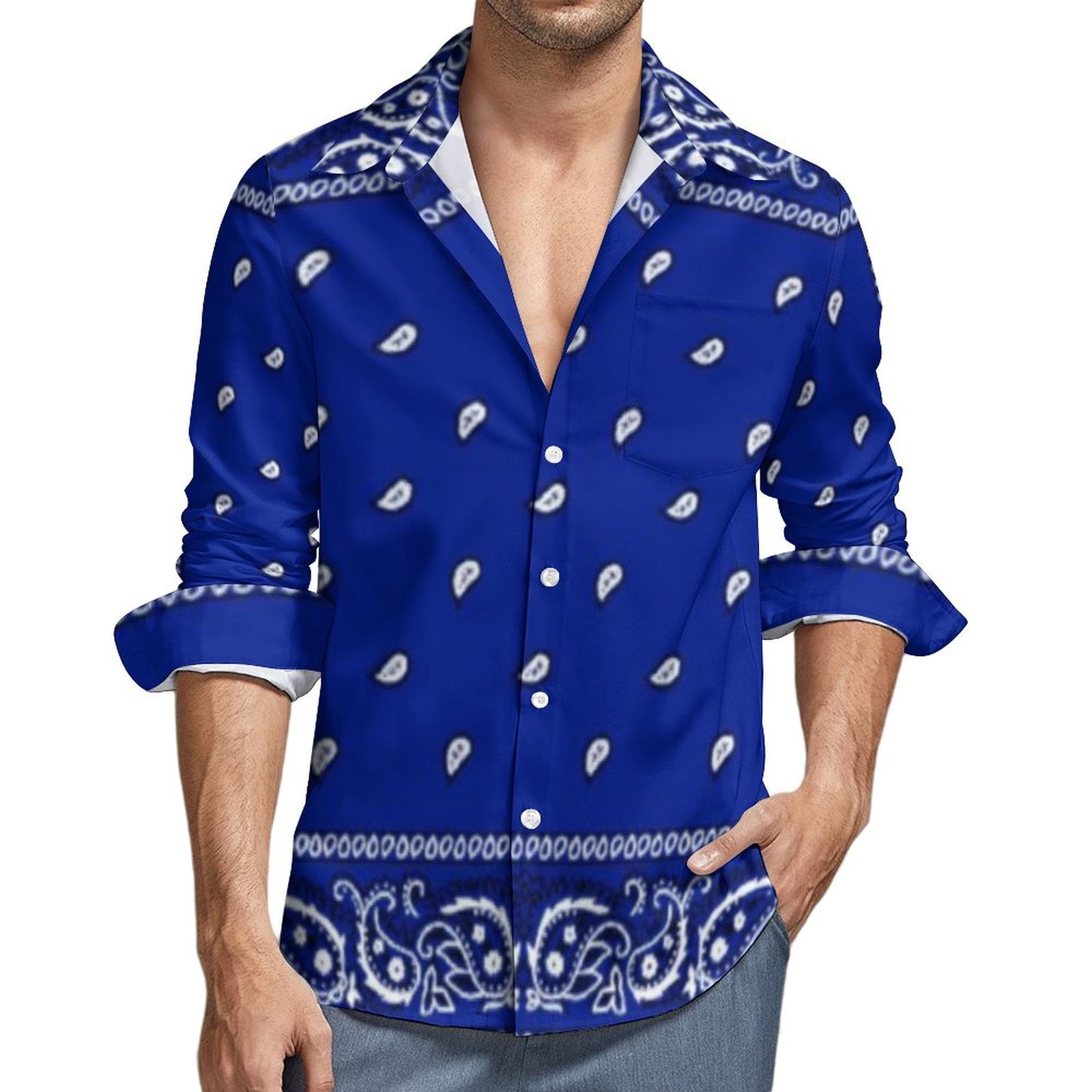 Crip Hawaiian Shirt for Men Long Sleeve Button Down Beach Shirts Casual ...