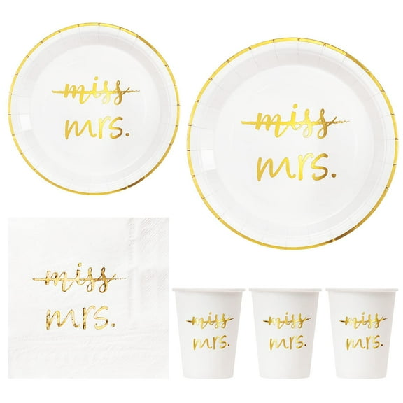 Crisky Gold Miss to Mrs Napkins AFN1Plates Cups for Bridal Shower Engagement Bachelorette Party Decorations Party Supplies, Disposable Tableware of 24 (9" & 7" Plates, Luncheon Napkin, 9oz Cups)