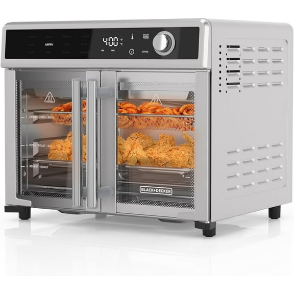 Crisp 'N Bake Air Fryer Toaster Oven Combo, 12 in 1 Countertop Convection Oven Cooks Food Fast, Fits a Whole Pizza or 6 Toast Slices, French Doors with Stainless Steel Finish