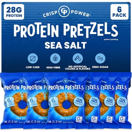 CRISP POWER Protein Pretzels, Sea Salt, 28G Protein, High Protein Snack, High Fiber, Low Carb Crunchy Pretzel Snacks, No Added Sugar, 1.75 oz Bags, 6 Pack, Vegan, Keto