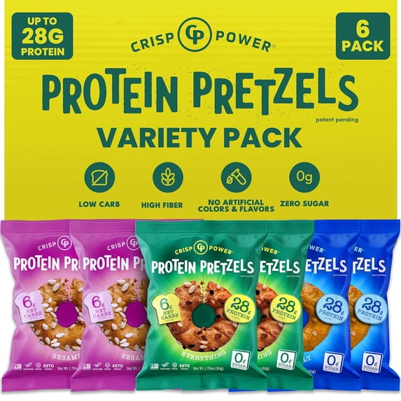 CRISP POWER Protein Pretzels,Variety Pack With Sea Salt,Sesame & Everything,Up To 28G Protein,High Protein Snack,High Fiber,Low Carb Crunchy Pretzel Snack,No Added Sugar,1.75 oz Bag,6 Pack,Vegan,Keto