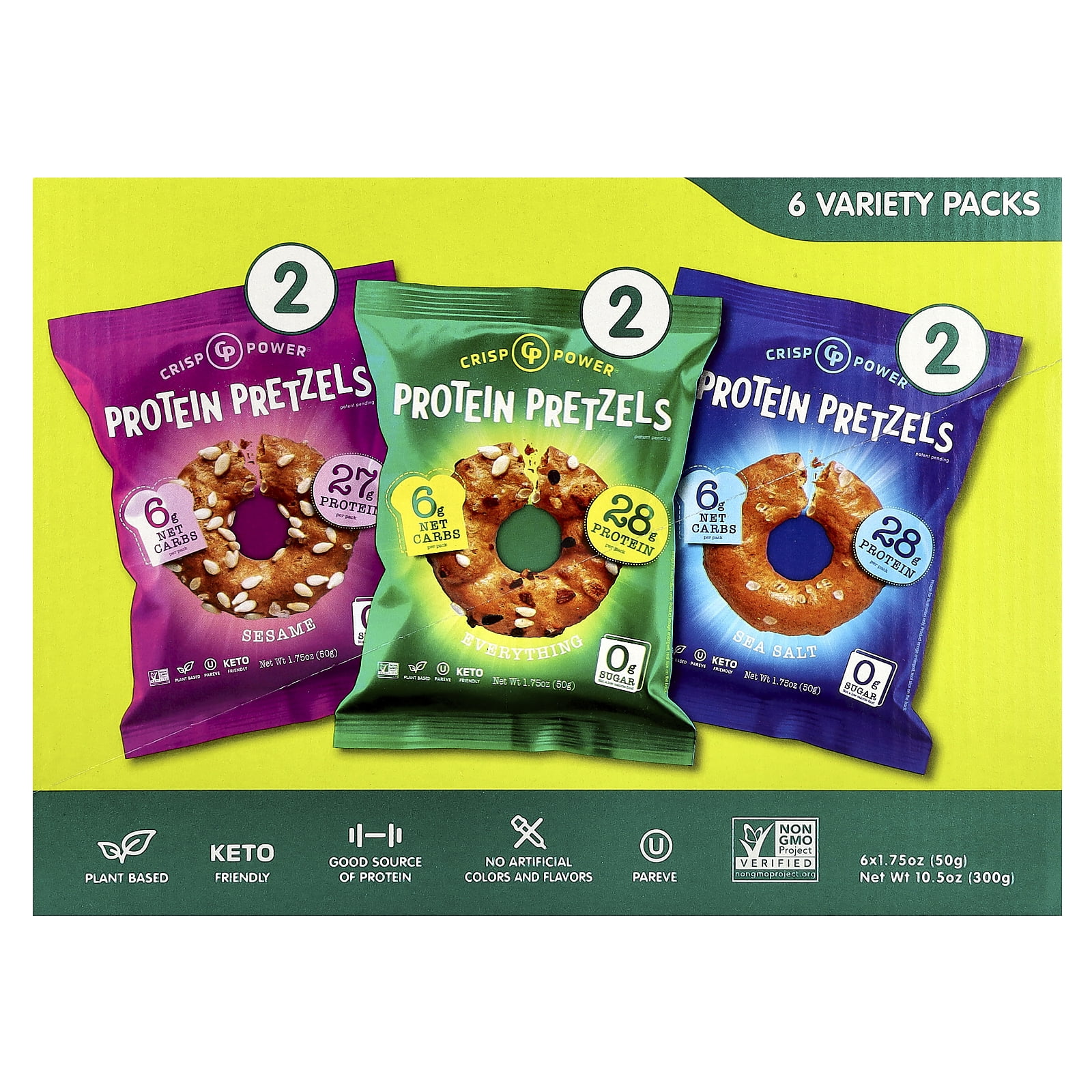 Crisp Power High Protein Pretzel Crisps - 6 Pack x 1.75 oz Crunchy & Flavorful Plant-Based Snack. No Sugar, 28g Protein Per Pack