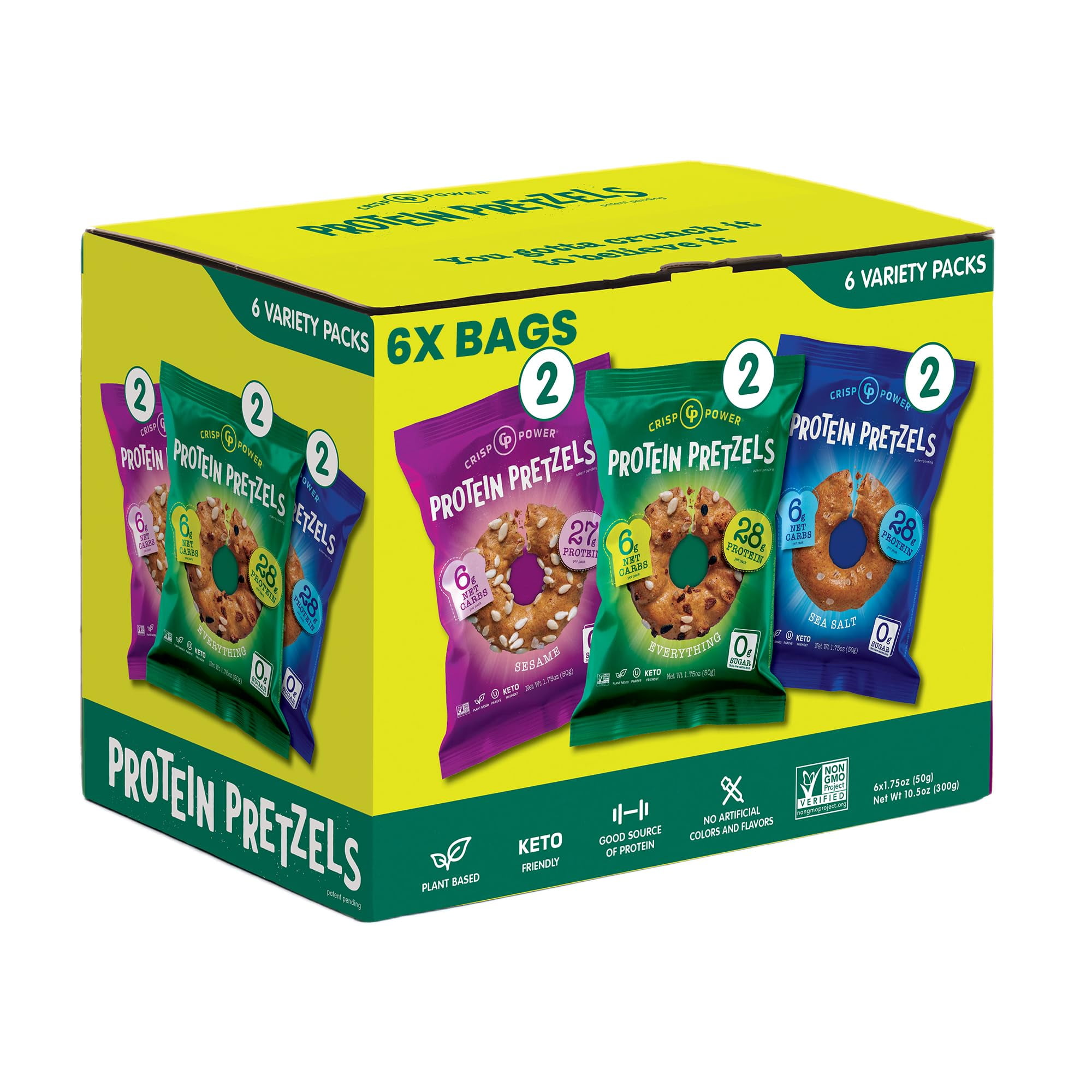Crisp Power High TWE5Protein Pretzel Crisps - 6 Pack Snack. No Sugar, 28g Protein Per Pack in 3 Savory Flavors, Vegan, Keto Friendly, Non-GMO, Kosher Non-Dairy (Ounce (Pack of 6), Mix)