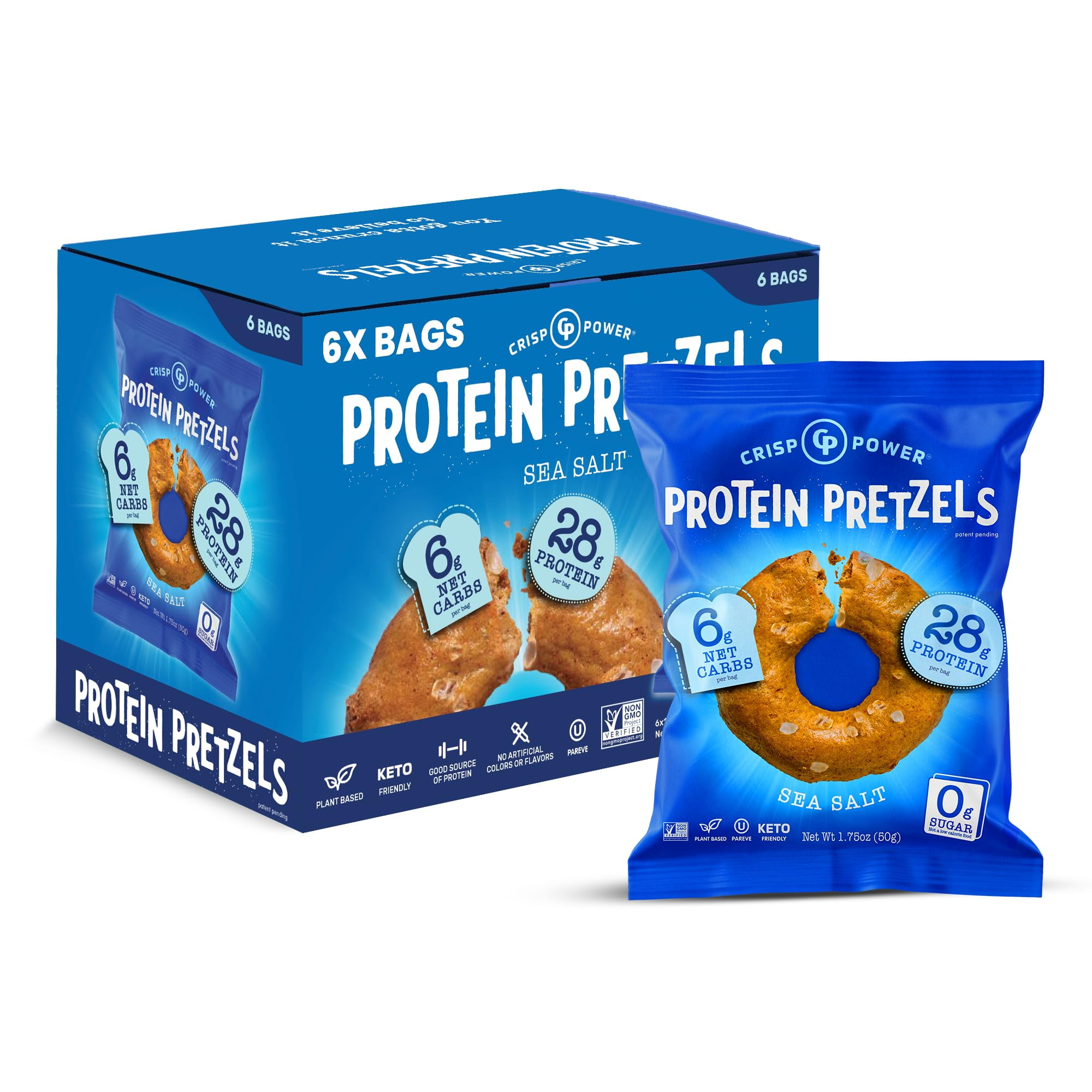 Crisp Power HighTRDNProtein Pretzel Crisps - 6 Pack x Snack. No Sugar, 28g Protein Per Pack in 3 Savory Flavors, Vegan, Keto Friendly, Non-GMO, Kosher Non-Dairy (Ounce (Pack of 6), Sea Salt)