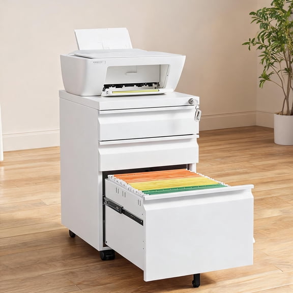 Crisp White 3-Drawer Mobile File Cabinet for Home Office, Cold Rolled Steel Storage with Lock for Letter Legal A4 Files