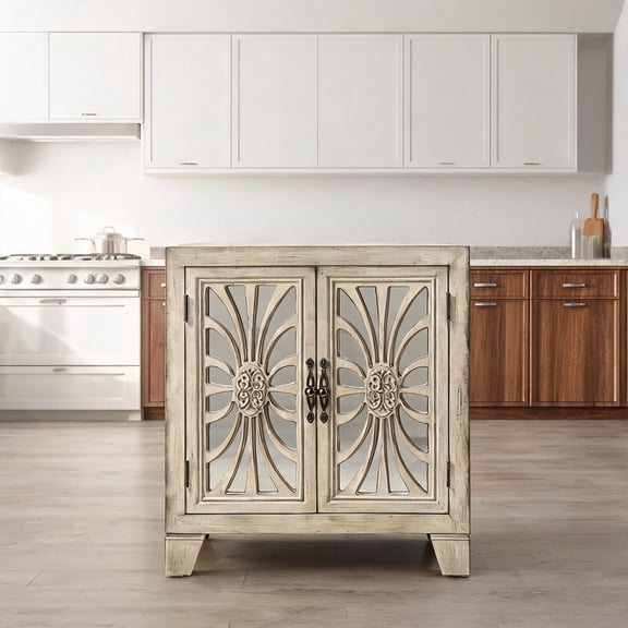 Crisp White Glass Synthetic Wood 32-Inch Antique Style Rectangular Console Storage Cabinet