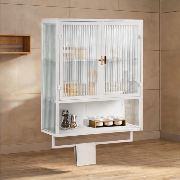 Crisp White Metal Wall Cabinet with Fluted Glass Doors, Two-Tier Storage, Open Shelf, and Towel Rack for Entryway, Bathroom, Living Room