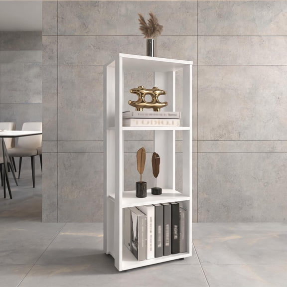 Crisp White Particle Board Four-Tier Storage Bookcase for Organizing Home Essentials, Modern Contemporary Style