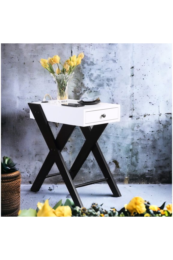 Crisp White Table with Black X Legs and Charging Function - Functional Decor for Your Space