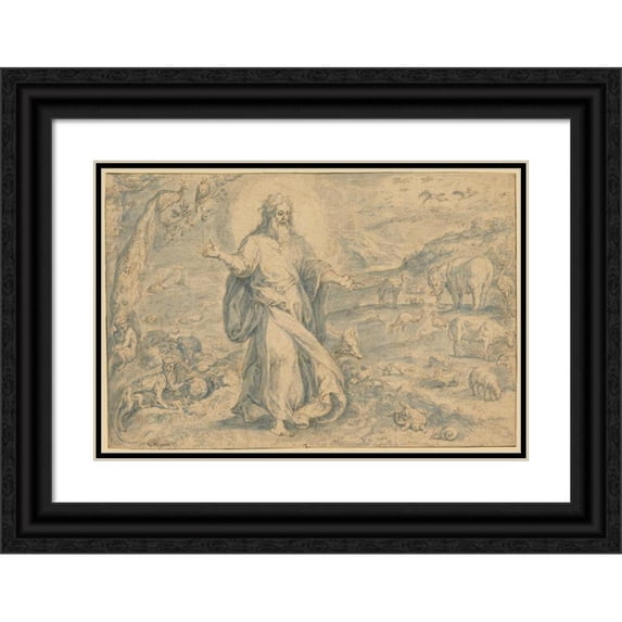 Crispijn van den Broeck 18x13 Black Ornate Wood Framed Double Matted Museum Art Print Titled - Creation of the Animals (1575)
