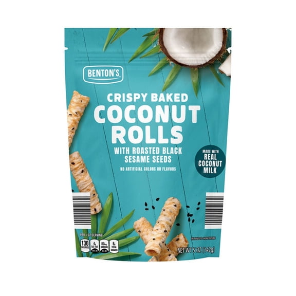 Benton's Crispy Coconut Rolls with Roasted Black Sesame Seeds Crunchy Puffed Snack, No Artificial Colors or Flavors, 5 oz, Pack of 1