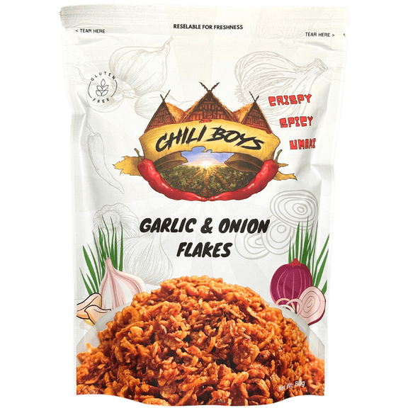 Chili Boys Spicy Crunchy Garlic and Onion Flakes | Spicy Food Topper & Seasoning | Crispy, Bold Flavor for Salads, Soups, Pasta, Meat & More | Vegan | Gluten-Free | Resealable Bag | 80g