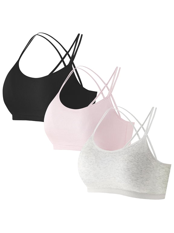 Cotton Padded Youth Bralette, Training Bras for Girls Criss Cross Back Teen Sports Bras Seamless Thin Layer 8-14 Years Old