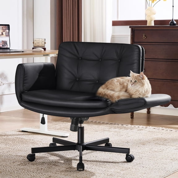 Criss Cross Chair With Adjustable Arms And Wheels, Ergonomic Vanity Desk Chair For Cross Legged Sitting, Modern Swivel Rocking Computer Task Seat For Home Office Bedroom, Solid, Black, Single Piece