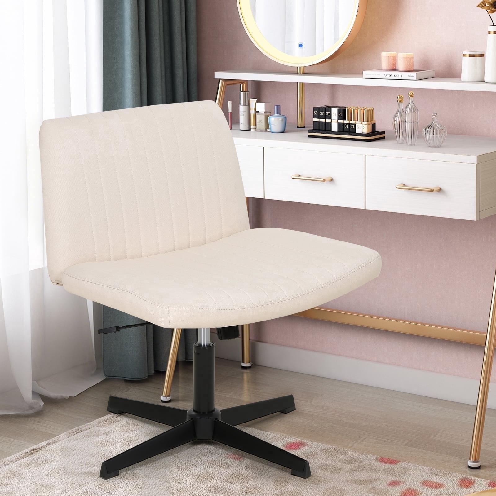 Criss Cross Chair, Armless Vanity Chair Cross Legged Office Chair, Adjustable Wide Swivel Desk Chair for Home Office No Wheels, Beige