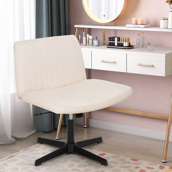 Criss Cross Chair, Armless Vanity Chair Cross Legged Office Chair, Adjustable Wide Swivel Desk Chair for Home Office No Wheels, Beige