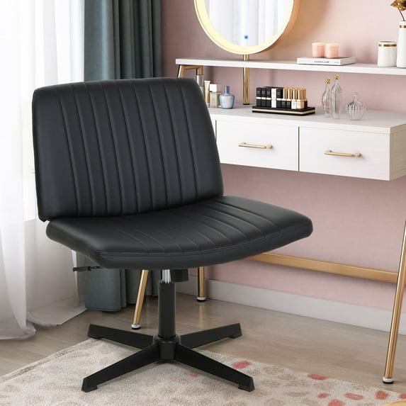 Criss Cross Chair, Armless Vanity Chair Cross Legged Office Chair, Adjustable Wide Swivel Desk Chair for Home Office No Wheels, Black