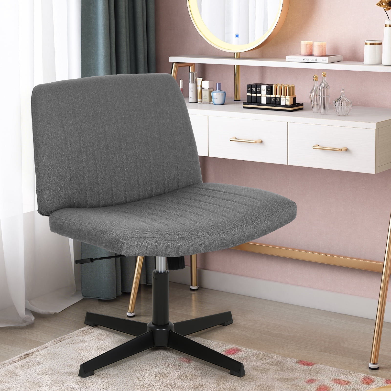Criss Cross Chair, Armless  Vanity Chair Cross Legged Office Chair,  Adjustable Wide Swivel Desk Chair for Home Office No Wheels, Grey