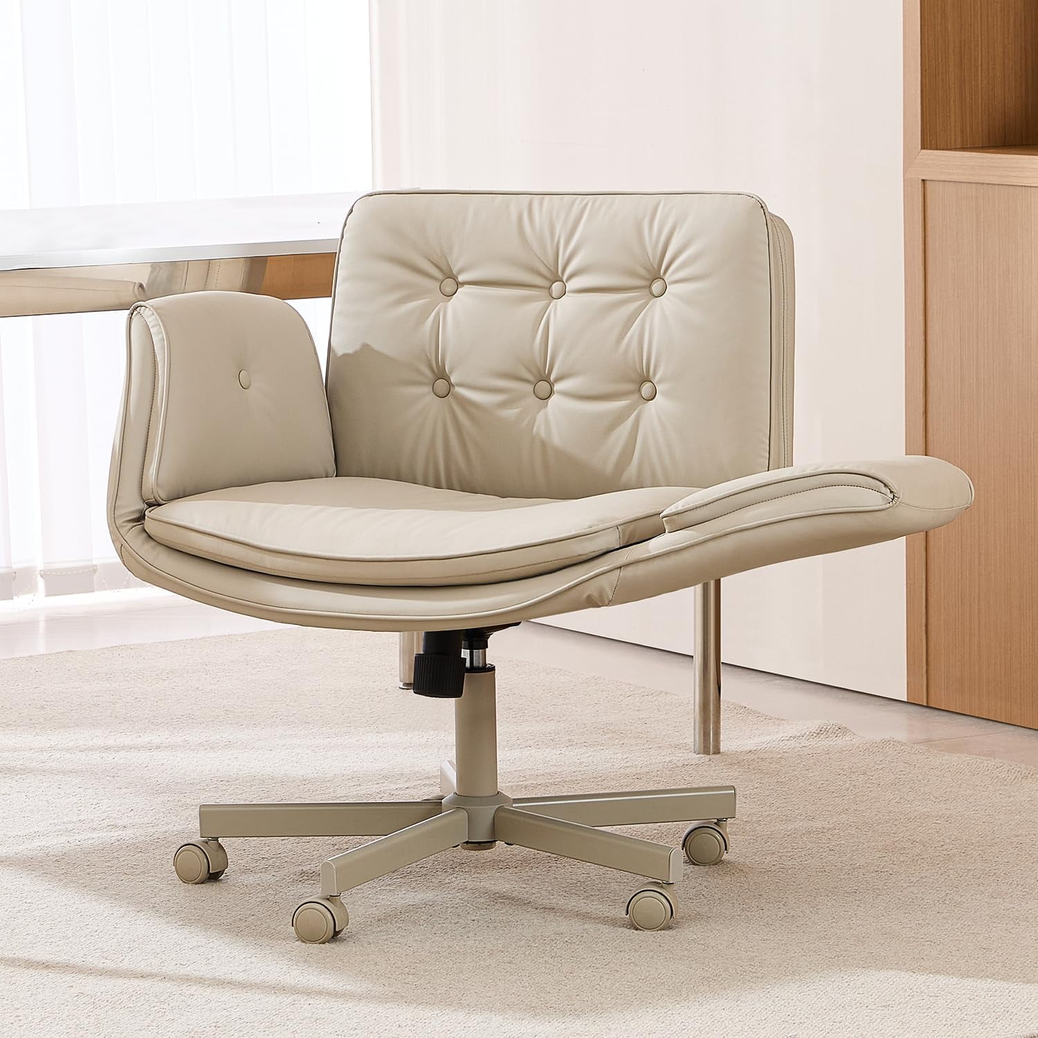 Criss Cross Chair with Armrests & Wheels, PU Leather Vanity Chair ...