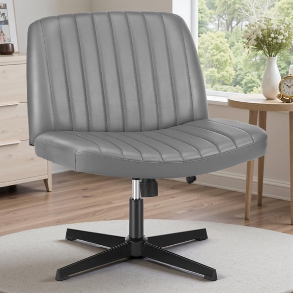 Criss Cross Chair,Comfy Cross Legged Office Desk Chair No Wheels,Modern PU Leather Swivel Adjustable Height Mid Back Wide Seat for Home Office Computer Makeup Vanity Task(Gray)