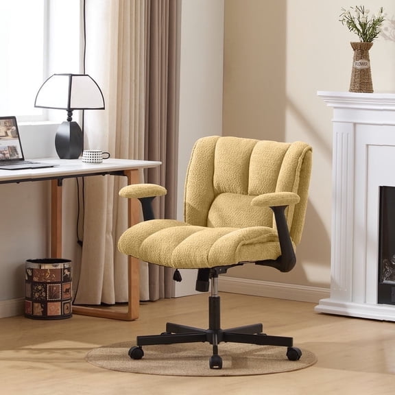 Criss Cross Chair with Dynamic Lumbar Support, Fabric Cross Legged Office Chair with Flip Arms and Wheels, Wide Swivel Vanity Chair for Home Office, Study, Makeup Room