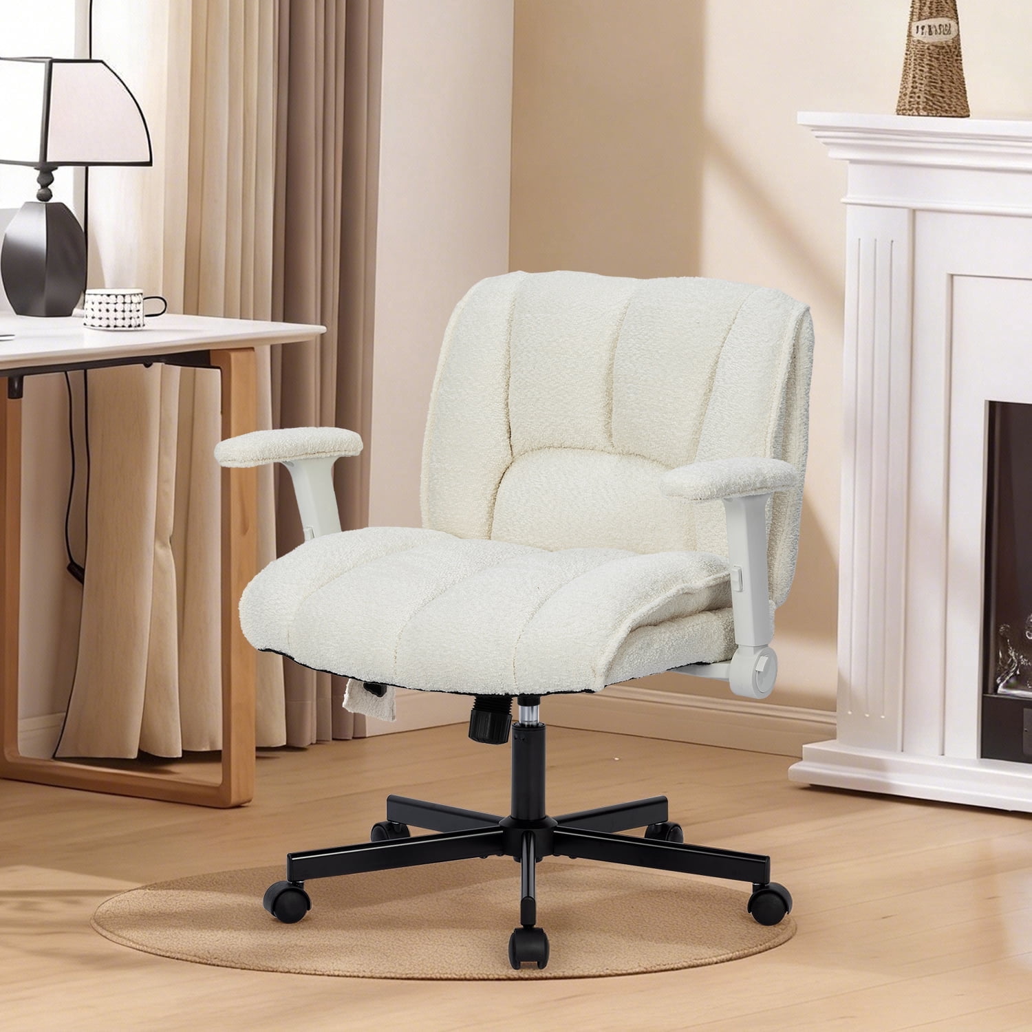 Criss Cross Chair with Dynamic Lumbar Support, Fabric Cross Legged Office Chair with Flip Arms and Wheels, Wide Swivel Vanity Chair for Home Office, Study, Makeup Room