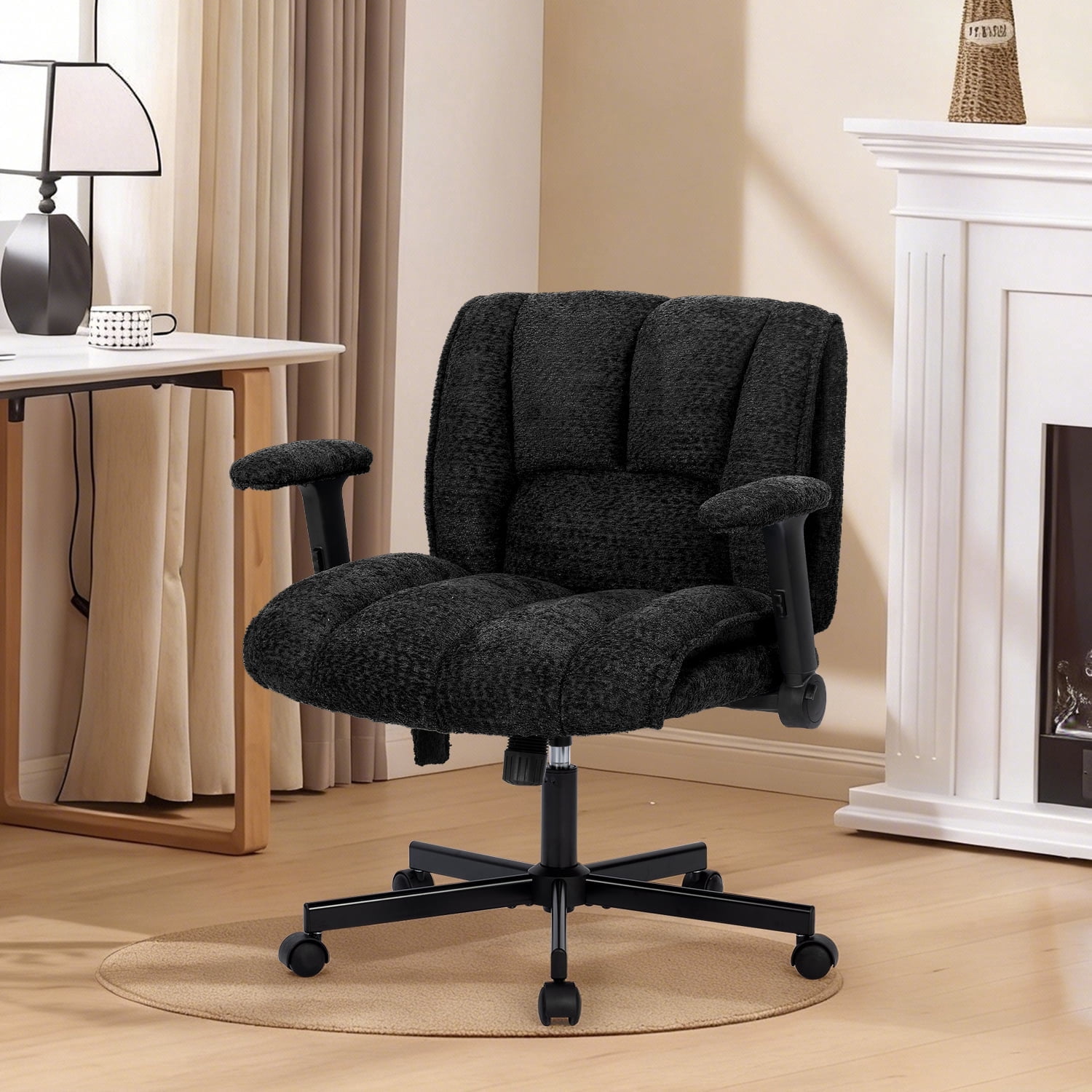 Criss Cross Chair with Dynamic Lumbar Support, Fabric Cross Legged Office Chair with Flip Arms and Wheels, Wide Swivel Vanity Chair for Home Office, Study, Makeup Room