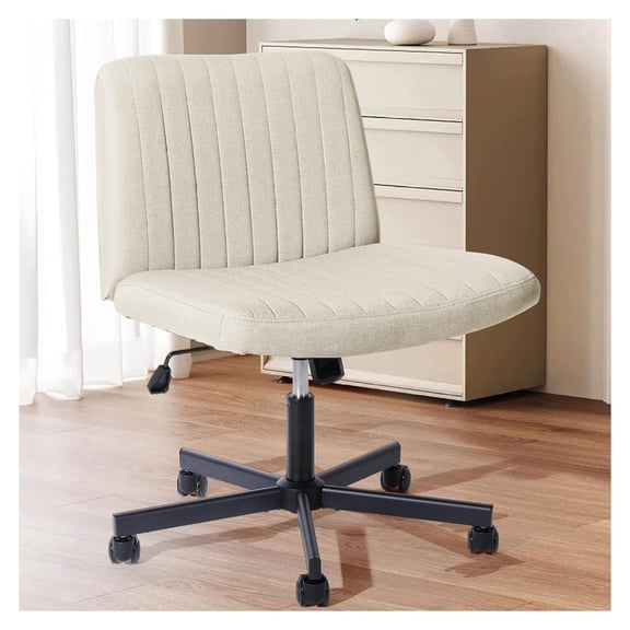 Criss Cross Chair, Extra Wide Armless Rolling Office Desk Chair with Wheels, Plus Size Viral Vanity Legged Chair, Bedroom Beige