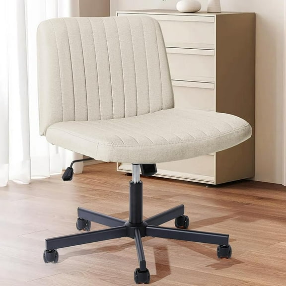 Criss Cross Chair, Extra Wide Armless Rolling Office Desk Chair with Wheels, Plus Size Viral Vanity Legged Chair, Bedroom Beige