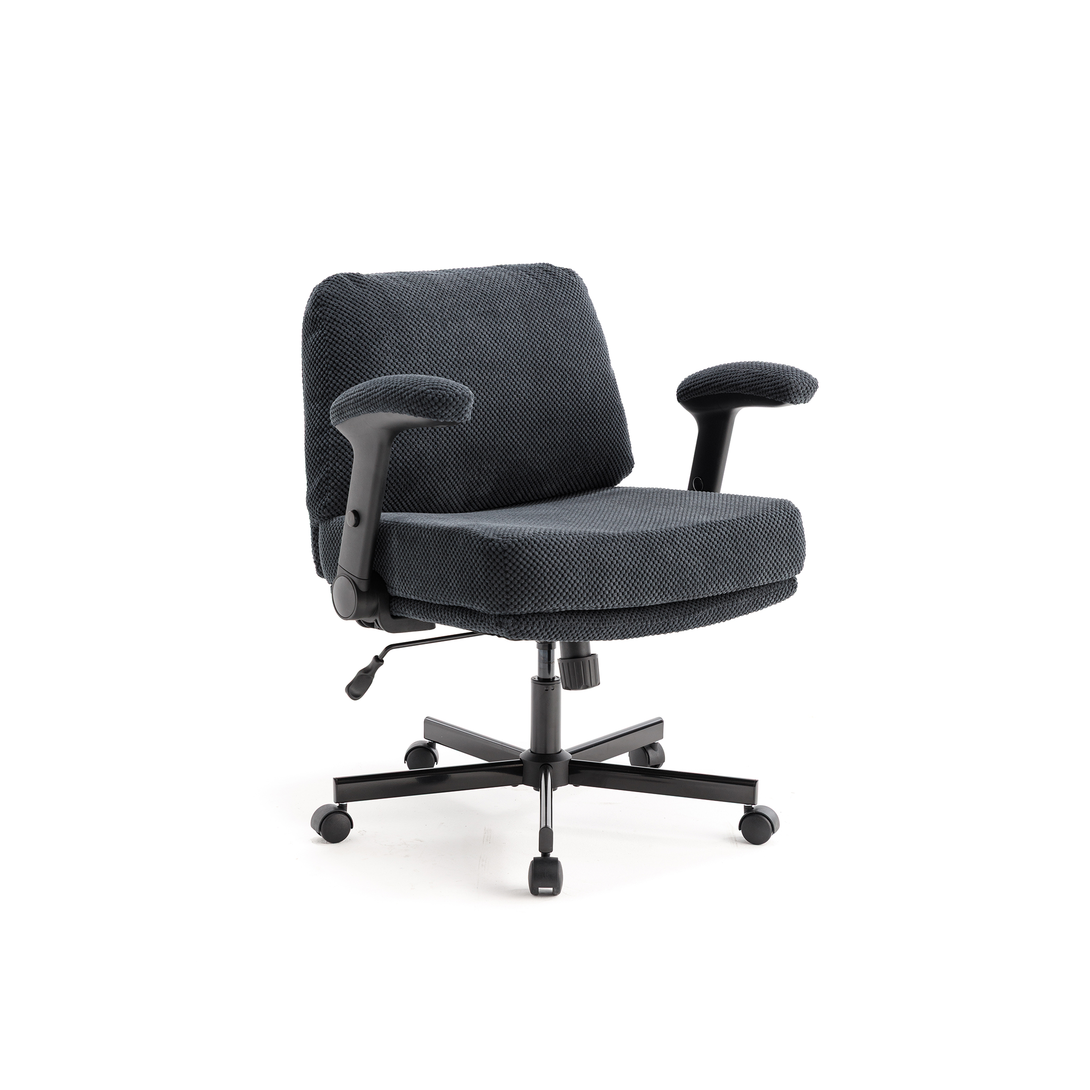 Criss Cross Chair with Flip-up Armrests, Wide Cross Legged Office Chair, Fabric Ergonomic Desk Chair with Wheels, Lumbar Support, Swivel Vanity Chair for Home Office, Bedroom, Study Black