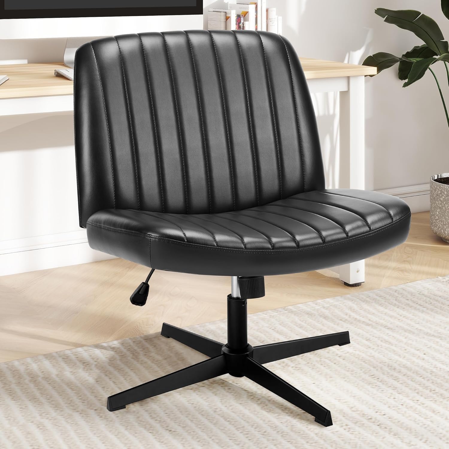 DUMOS Criss Cross Leg Office Chair - Wide Seat, No Wheels, Armless, Height Adjustable