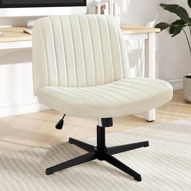 Shintenchi Criss Cross Chair, Armless Cross Legged Office Desk Chair With Fabric Padded Seat No Wheels, Swivel Height Adjtable Mid Back Wide Seat