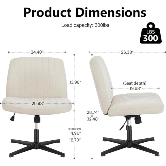 Criss Cross Chair No Wheels Wide Cross Legged Office Desk Vanity Chair Comfy Fabric Armless Adjustable Swivel for Home Computer Task (Beige)