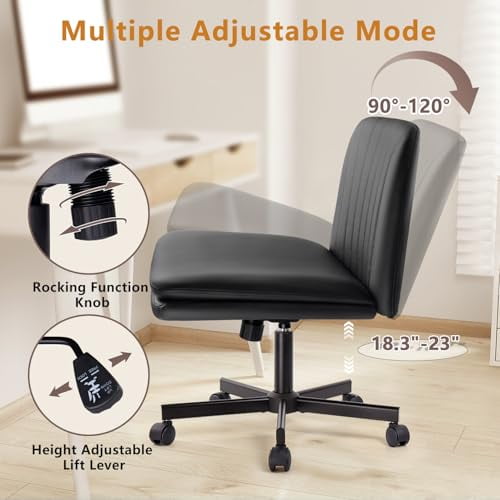 Criss Cross Chair, PU Leather Vanity Chair with Wheels, Armless Cross Legged Home Office Chair, Wide Seat Swivel Criss Cross Desk Chair, Height Adjustable Vanity Chair with Back, B